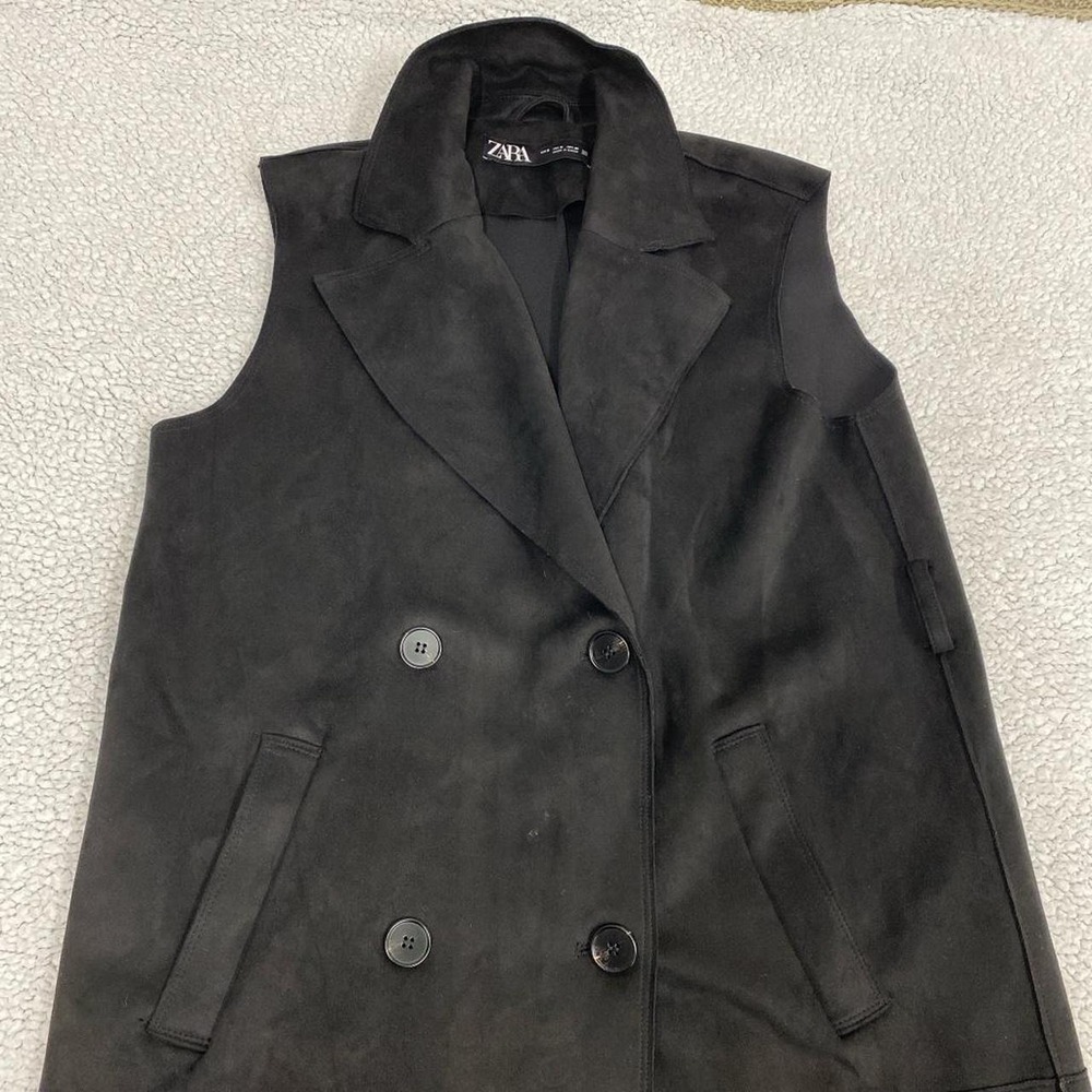 Zara Womens Black Faux Suede Double Breasted Sleeveless Vest Blazer S